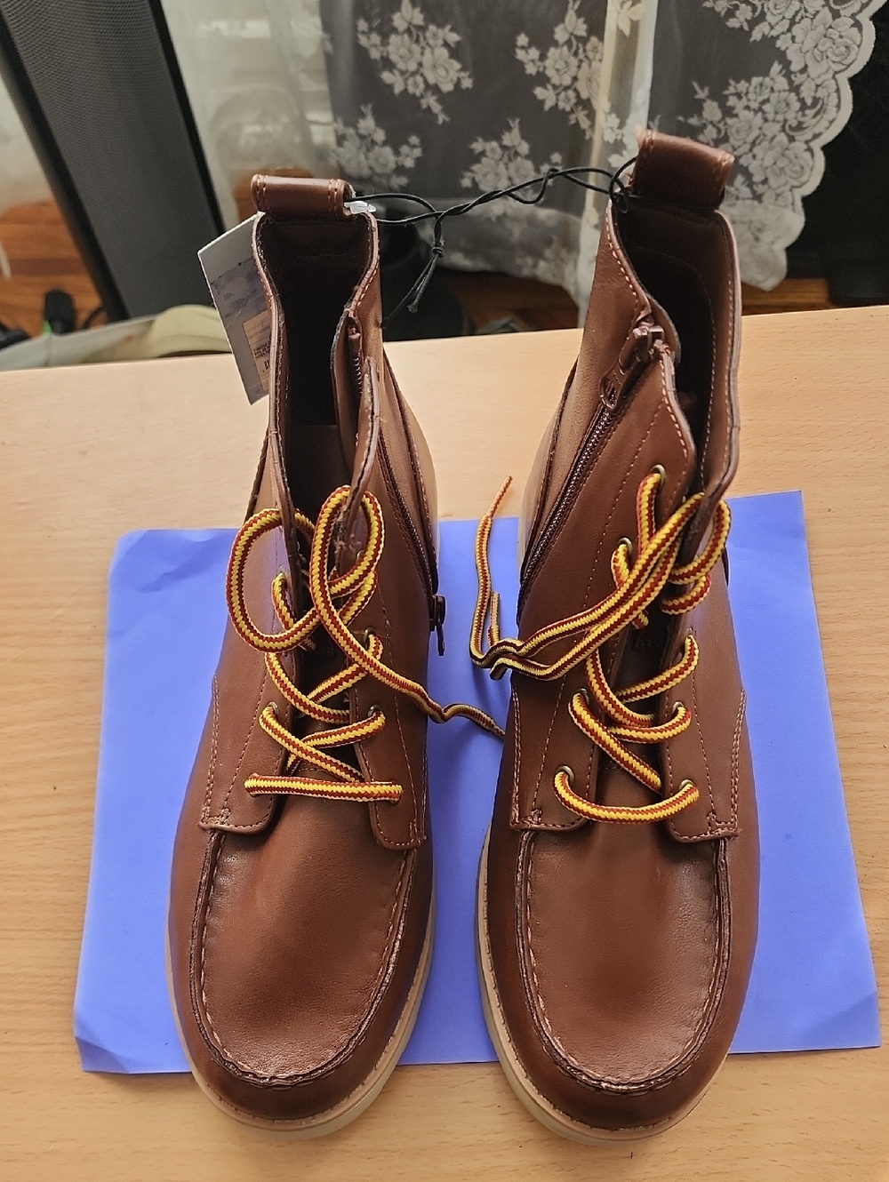 Cat & Jack Brown Leather-Look Lace-Up Boots with Yellow Accent Laces